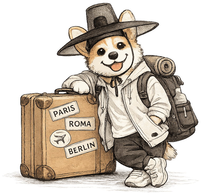 Illustrated corgi traveler leaning on a vintage suitcase